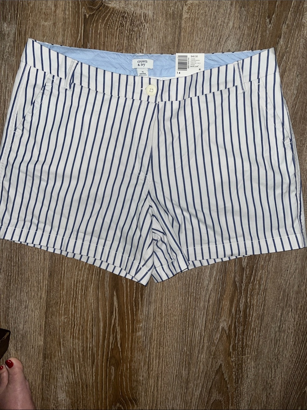 crown & ivy White and Navy Vertical Stripe Women's Bermuda Shorts